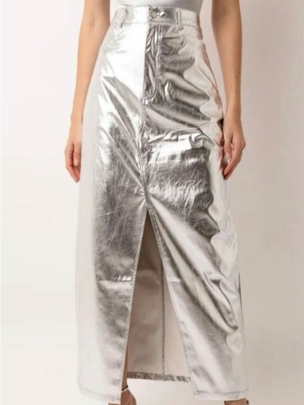 High-Shine Silver Midi Skirt with Front Slit
